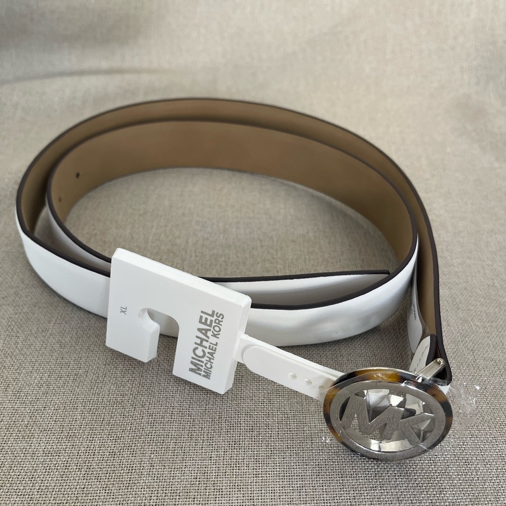 Michael Kors White and Brown Leather Belt with Silver Buckle